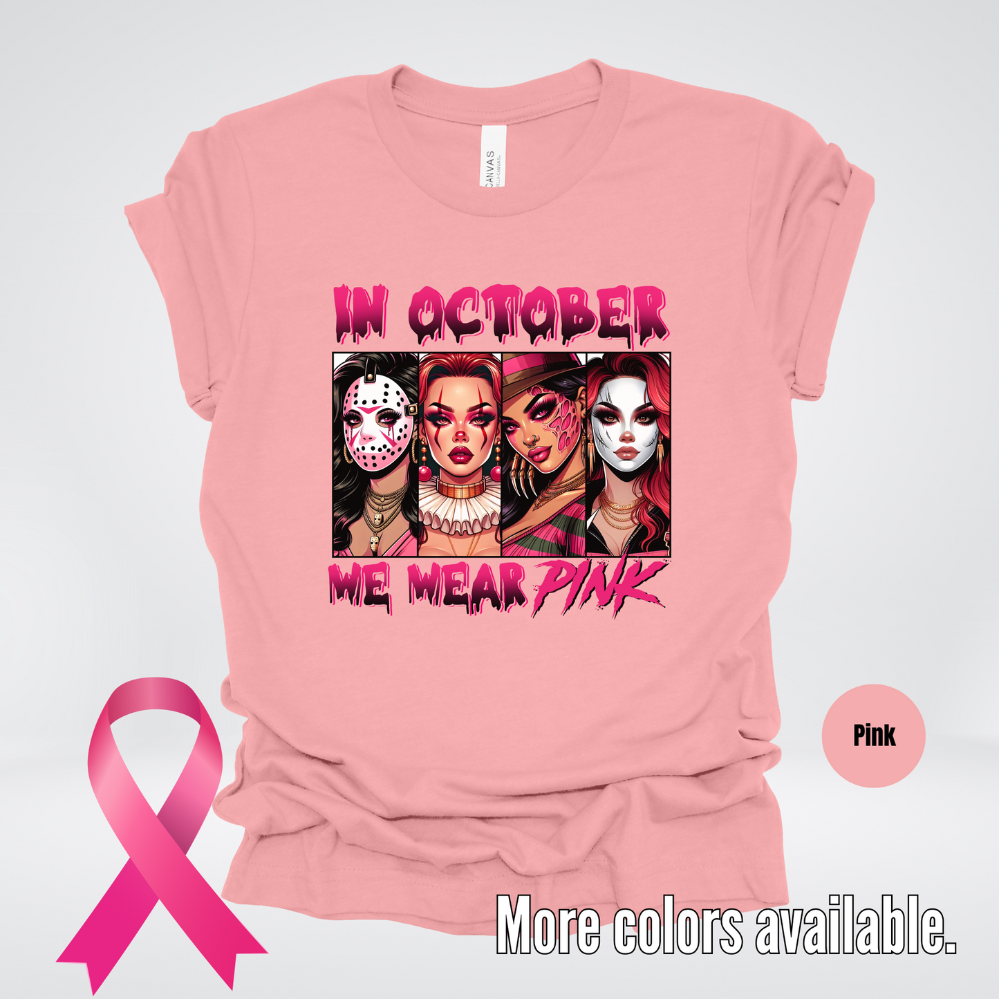 Halloween Bad Girls in October We Wear Pink Horror Movie Characters T-Shirt