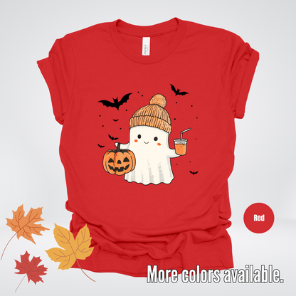 Cute Fall Ghost with Pumpkin And Bats T-Shirt