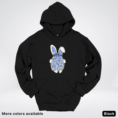 Blue Toile Easter Bunny – Porcelain Bow Bunny Spring Graphic - Hoodie
