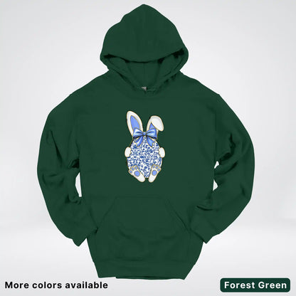 Blue Toile Easter Bunny – Porcelain Bow Bunny Spring Graphic - Hoodie