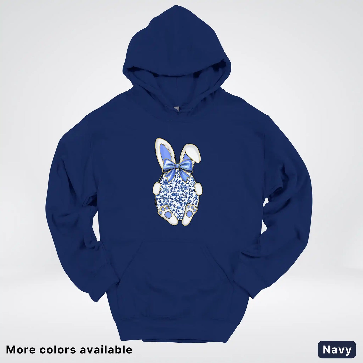 Blue Toile Easter Bunny – Porcelain Bow Bunny Spring Graphic - Hoodie