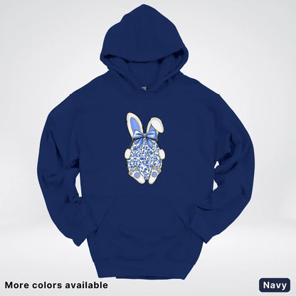 Blue Toile Easter Bunny – Porcelain Bow Bunny Spring Graphic - Hoodie