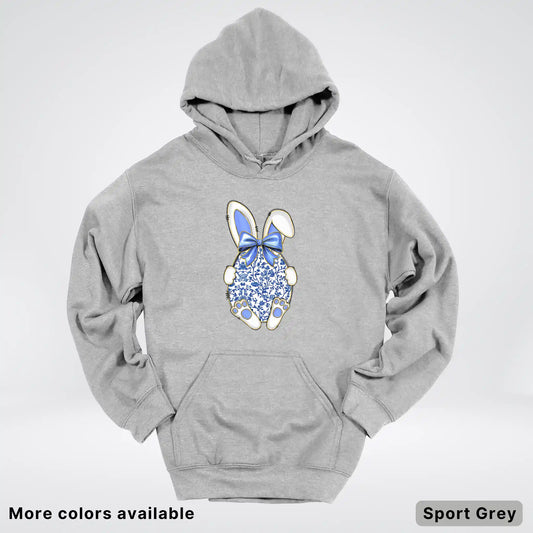 Blue Toile Easter Bunny – Porcelain Bow Bunny Spring Graphic - Hoodie