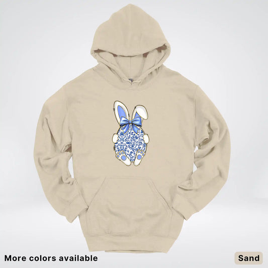 Blue Toile Easter Bunny – Porcelain Bow Bunny Spring Graphic - Hoodie
