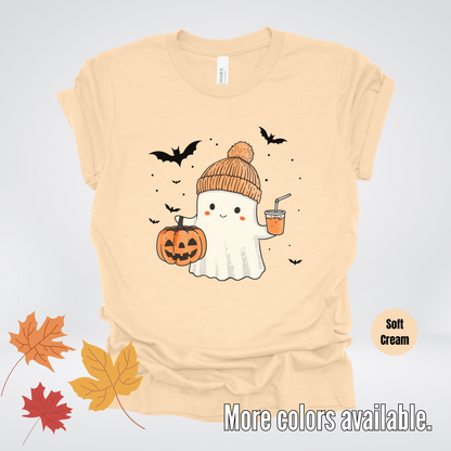 Cute Fall Ghost with Pumpkin And Bats T-Shirt