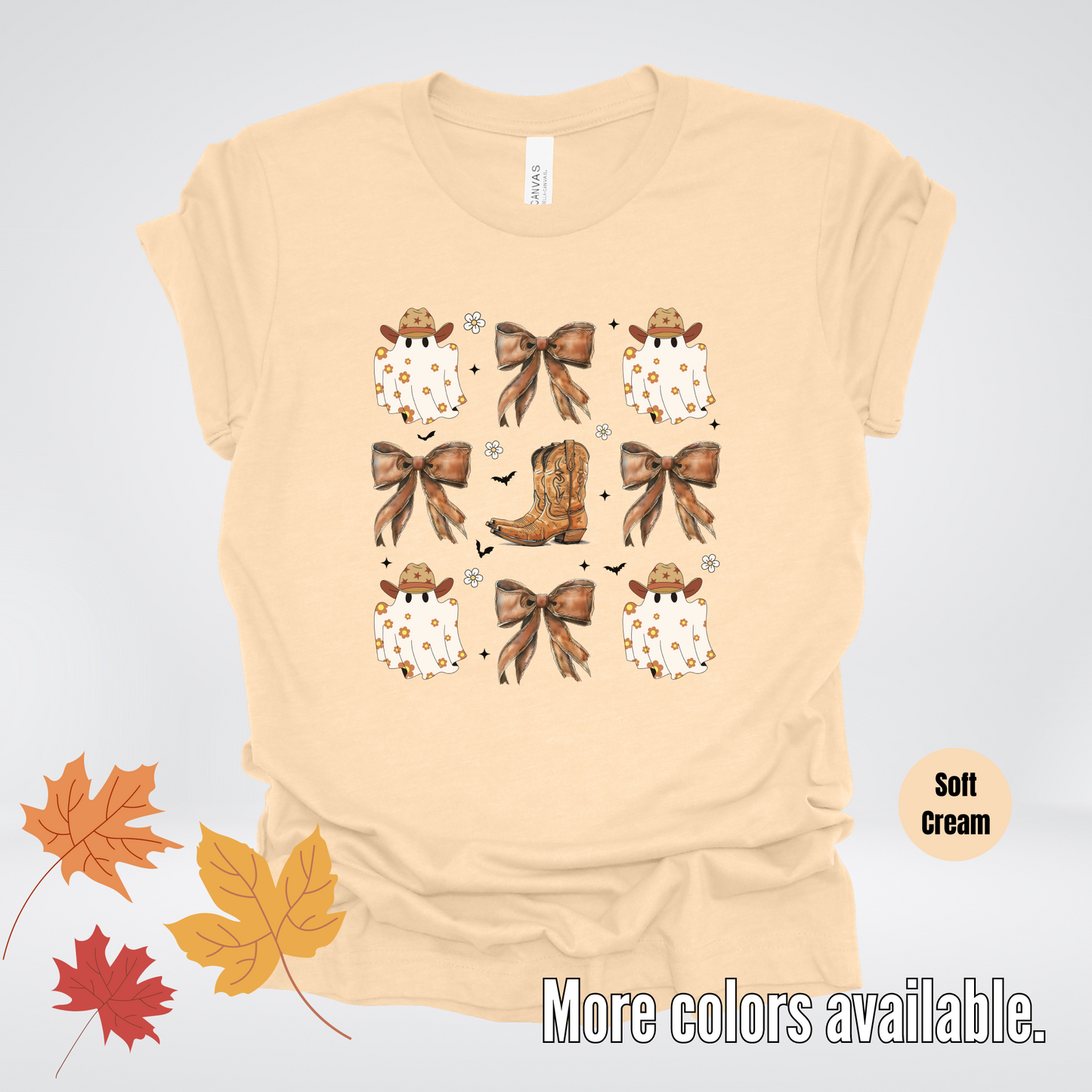 Western Coquette Leather Cowboy Boots And Fall Ghosts with Flowers and Bats T-Shirt