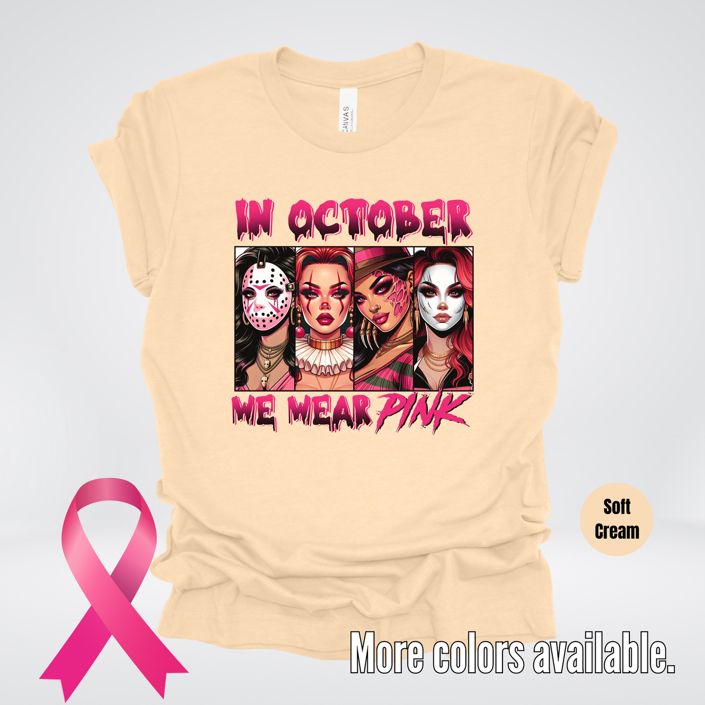 Halloween Bad Girls in October We Wear Pink Horror Movie Characters T-Shirt