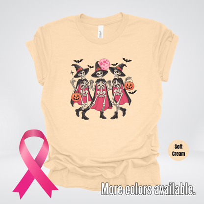 Skeleton Witches Halloween Breast Cancer Awareness T-Shirt