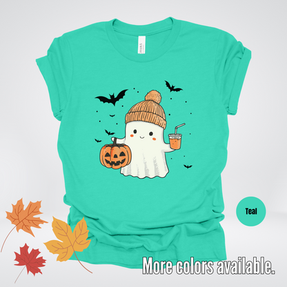 Cute Fall Ghost with Pumpkin And Bats T-Shirt