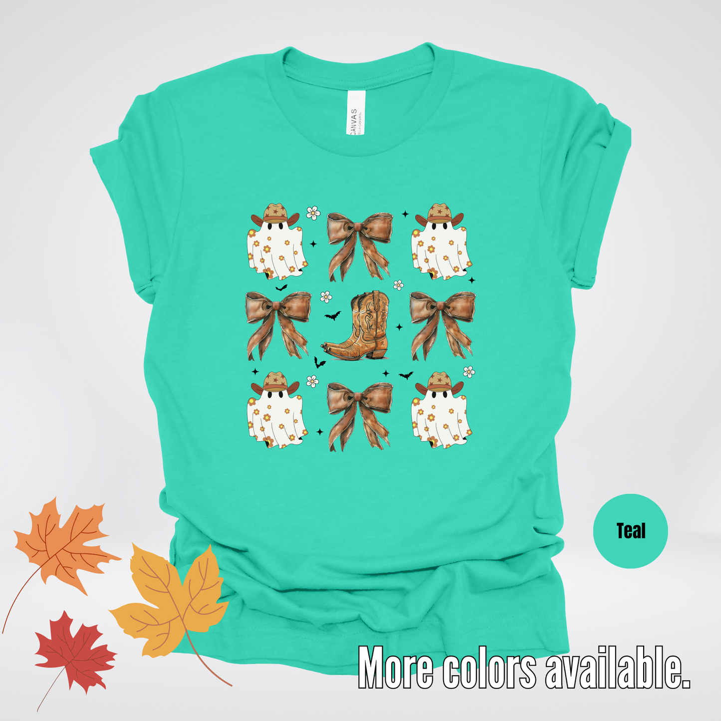 Western Coquette Leather Cowboy Boots And Fall Ghosts with Flowers and Bats T-Shirt