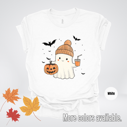 Cute Fall Ghost with Pumpkin And Bats T-Shirt