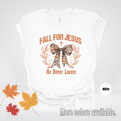 Fall For Jesus He Never Leaves Leopard Print Coquette T-Shirt