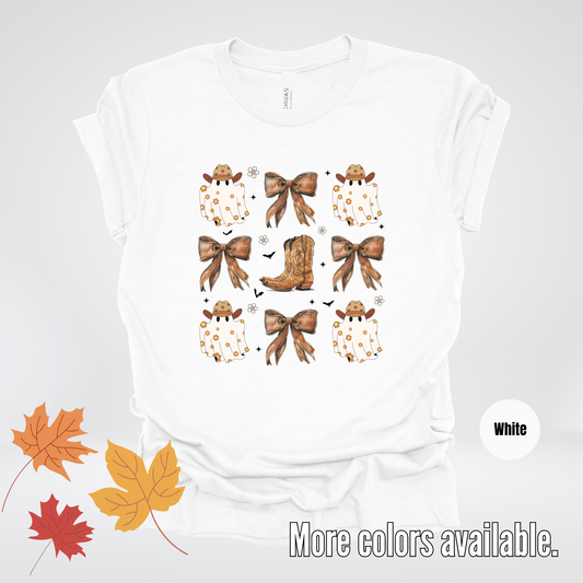 Western Coquette Leather Cowboy Boots And Fall Ghosts with Flowers and Bats T-Shirt