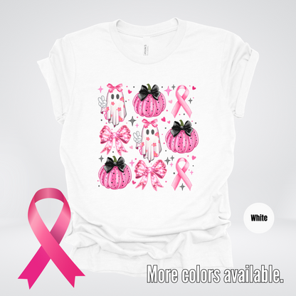 Ghost & Pumpkins Coquette Breast Cancer Awareness T-Shirt