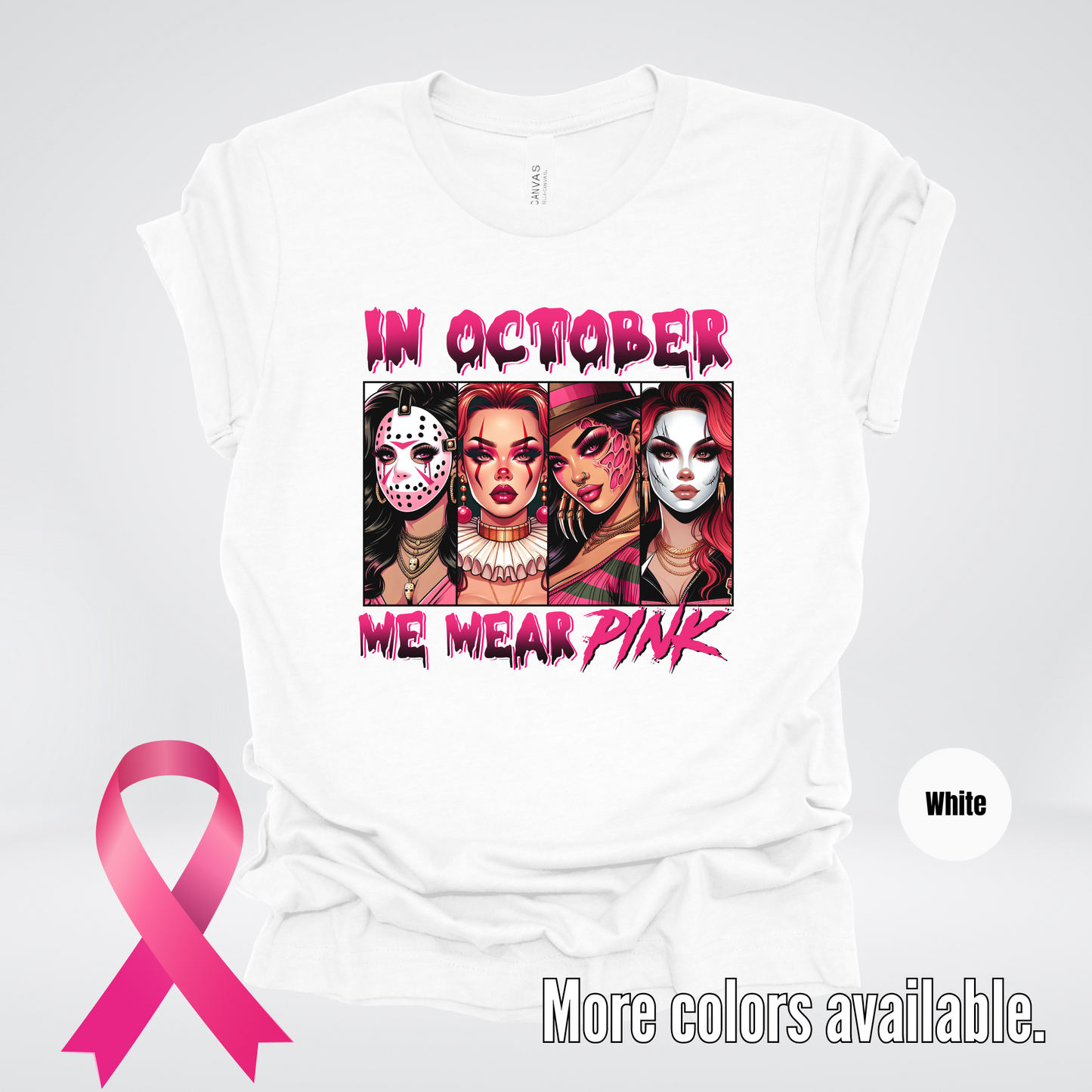 Halloween Bad Girls in October We Wear Pink Horror Movie Characters T-Shirt