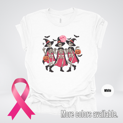 Skeleton Witches Halloween Breast Cancer Awareness T-Shirt