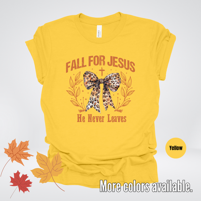 Fall For Jesus He Never Leaves Leopard Print Coquette T-Shirt