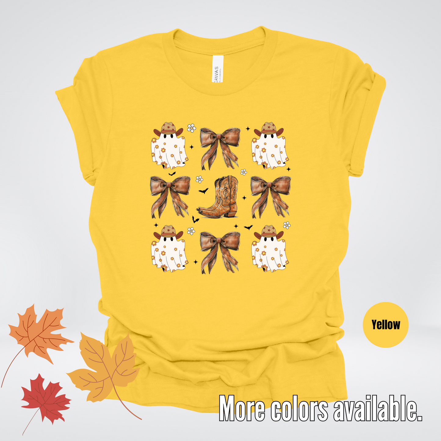 Western Coquette Leather Cowboy Boots And Fall Ghosts with Flowers and Bats T-Shirt