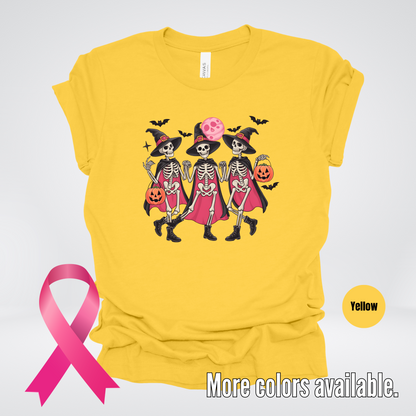 Skeleton Witches Halloween Breast Cancer Awareness T-Shirt