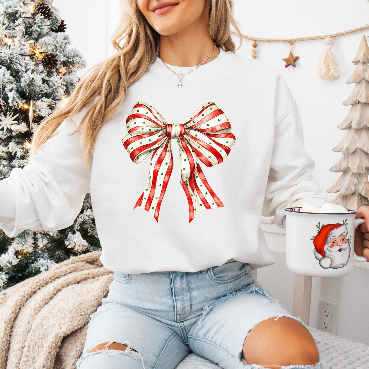 Peppermint Stripe Christmas Bow - Crewneck