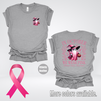 In October We Wear Pink Halloween Ghost Breast Cancer Awareness Front & Back T-Shirt