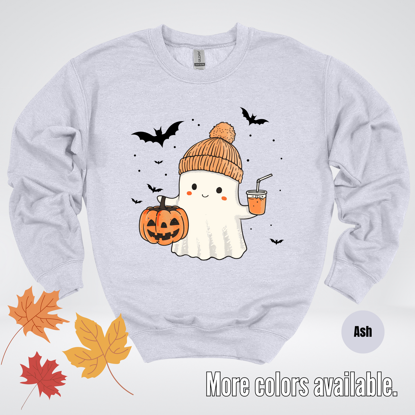 Cute Fall Ghost with Pumpkin And Bats Crewneck Sweatshirt