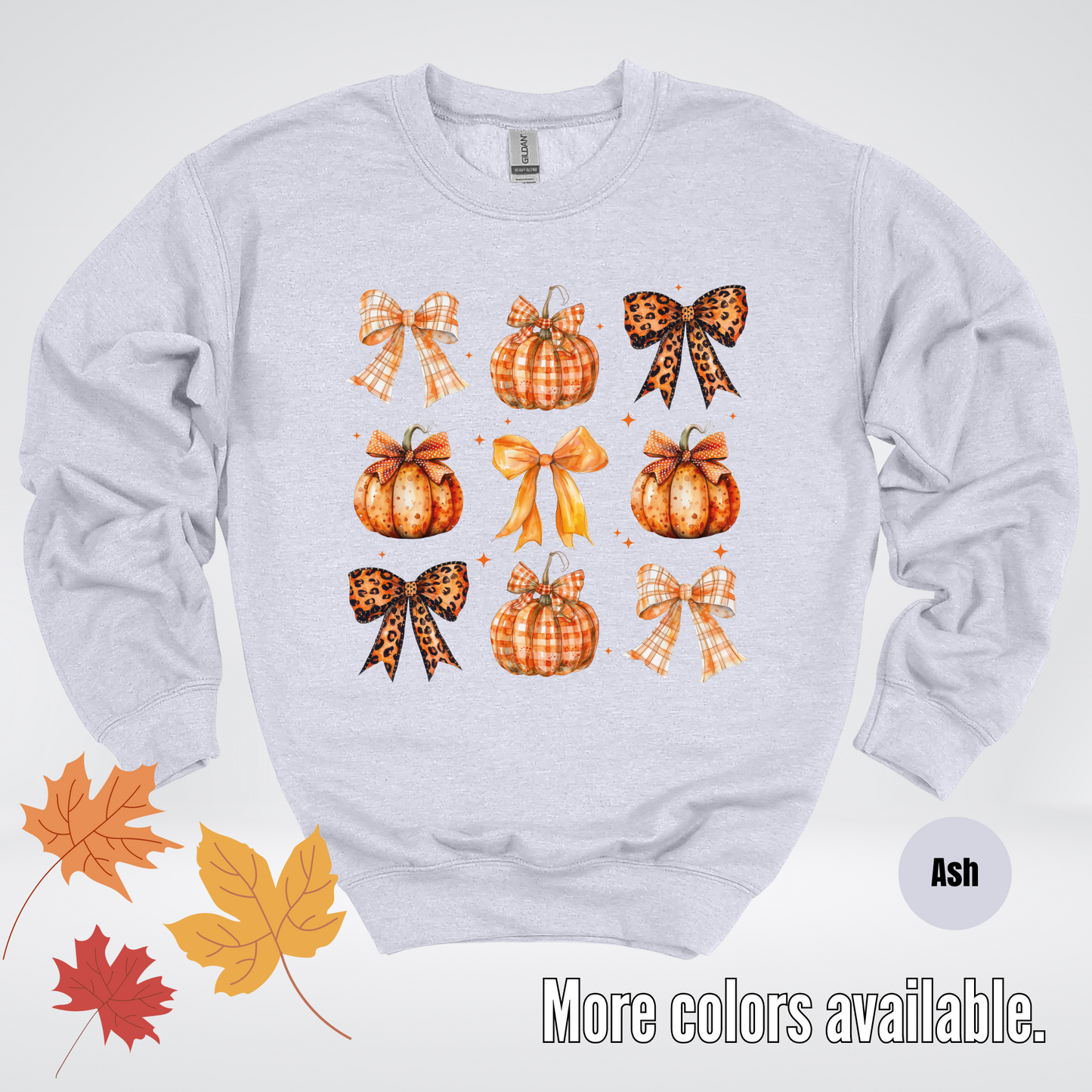 Fall Coquette Leopard Print and Flannel Bows And Pumpkins Crewneck Sweatshirt