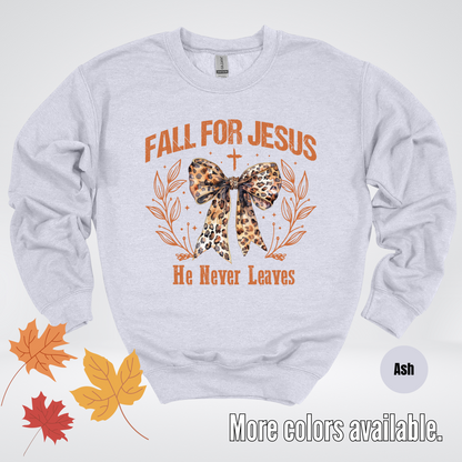 Fall For Jesus He Never Leaves Leopard Print Coquette Crewneck Sweatshirt