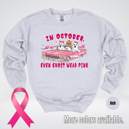 In October Even Ghost Wear Pink Halloween Coquette Breast Cancer Awareness Crewneck Sweatshirt