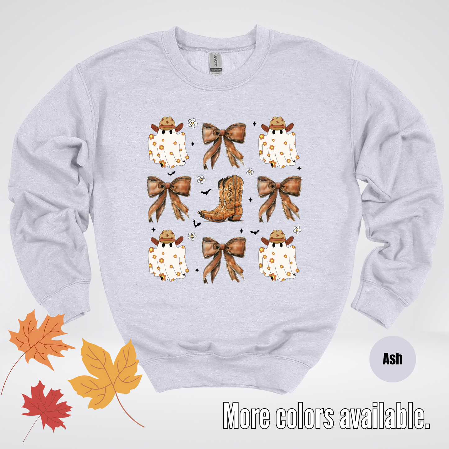 Western Coquette Leather Cowboy Boots And Fall Ghosts with Flowers and Bats Crewneck Sweatshirt