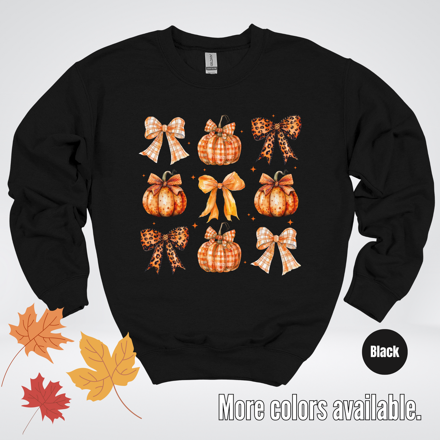 Fall Coquette Leopard Print and Flannel Bows And Pumpkins Crewneck Sweatshirt