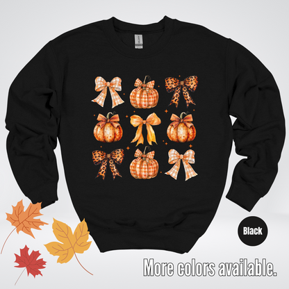 Fall Coquette Leopard Print and Flannel Bows And Pumpkins Crewneck Sweatshirt