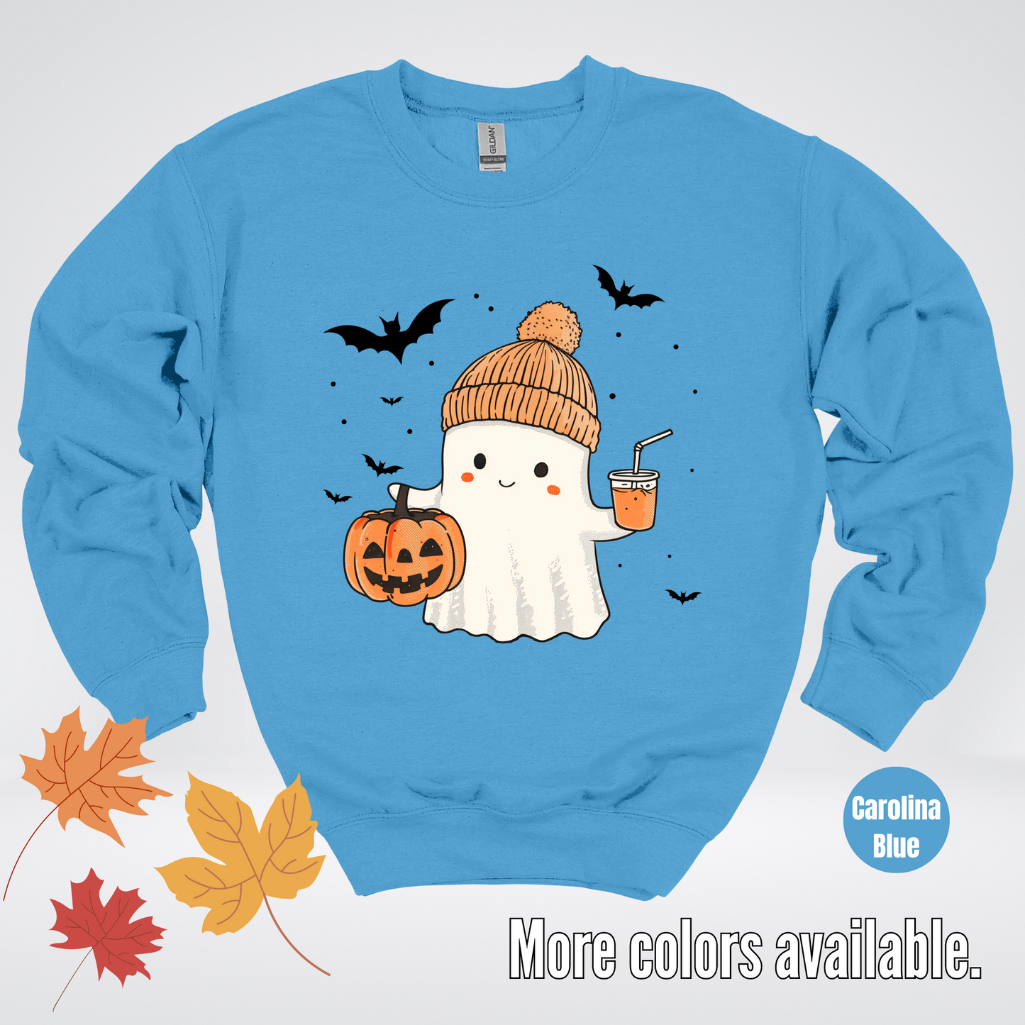 Cute Fall Ghost with Pumpkin And Bats Crewneck Sweatshirt