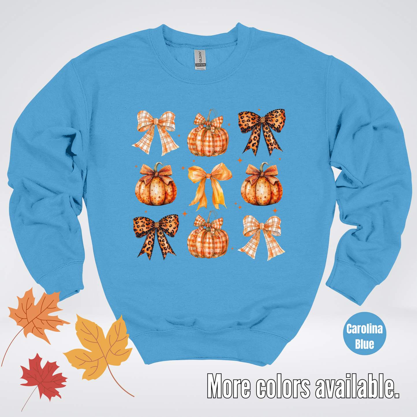 Fall Coquette Leopard Print and Flannel Bows And Pumpkins Crewneck Sweatshirt