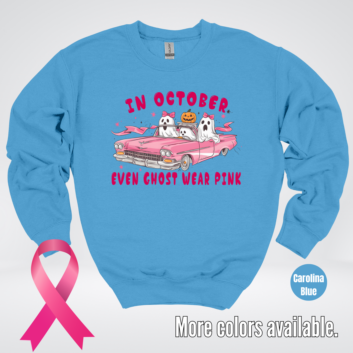 In October Even Ghost Wear Pink Halloween Coquette Breast Cancer Awareness Crewneck Sweatshirt