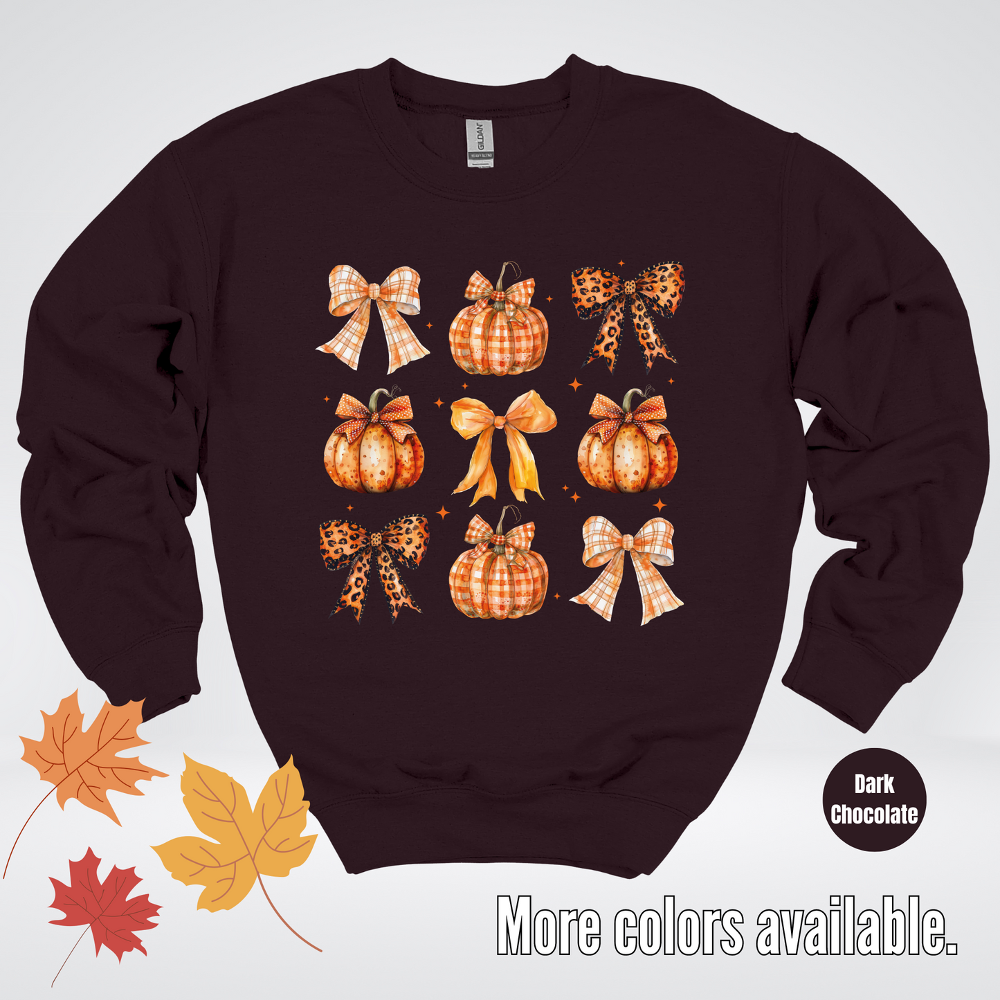 Fall Coquette Leopard Print and Flannel Bows And Pumpkins Crewneck Sweatshirt