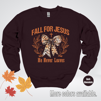 Fall For Jesus He Never Leaves Leopard Print Coquette Crewneck Sweatshirt