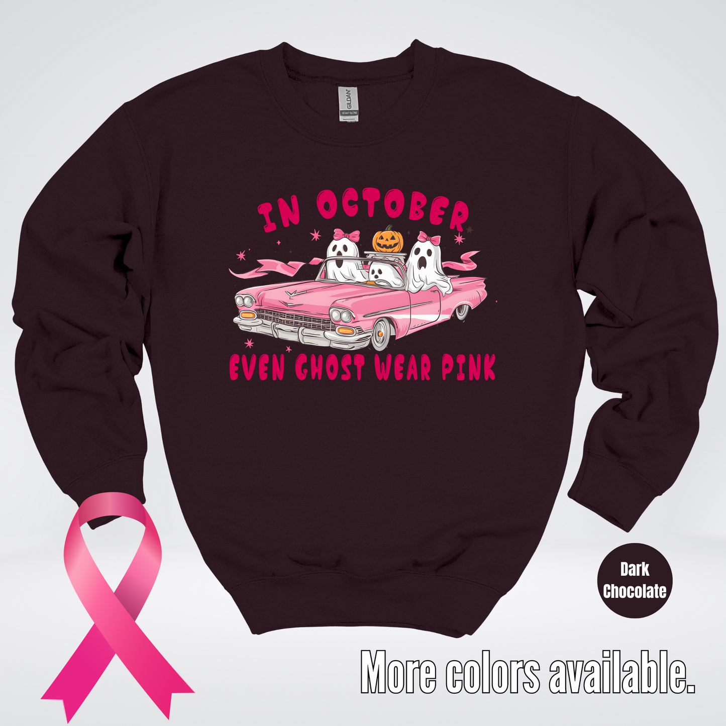 In October Even Ghost Wear Pink Halloween Coquette Breast Cancer Awareness Crewneck Sweatshirt