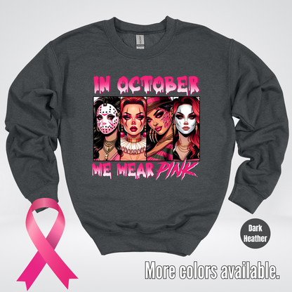 Halloween Bad Girls in October We Wear Pink Horror Movie Characters 2 Crewneck Sweatshirt