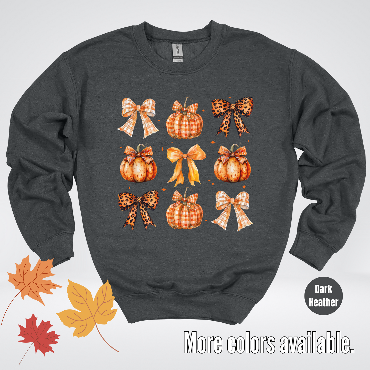 Fall Coquette Leopard Print and Flannel Bows And Pumpkins Crewneck Sweatshirt