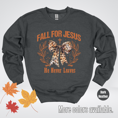 Fall For Jesus He Never Leaves Leopard Print Coquette Crewneck Sweatshirt