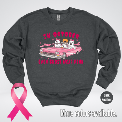 In October Even Ghost Wear Pink Halloween Coquette Breast Cancer Awareness Crewneck Sweatshirt