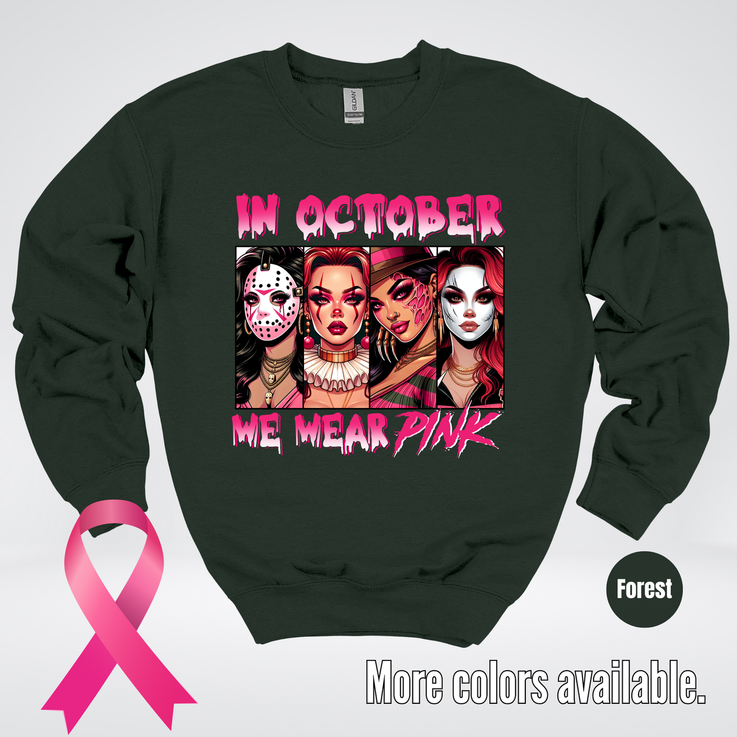 Halloween Bad Girls in October We Wear Pink Horror Movie Characters 2 Crewneck Sweatshirt