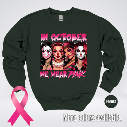 Halloween Bad Girls in October We Wear Pink Horror Movie Characters 2 Crewneck Sweatshirt