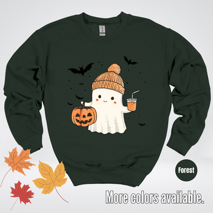 Cute Fall Ghost with Pumpkin And Bats Crewneck Sweatshirt