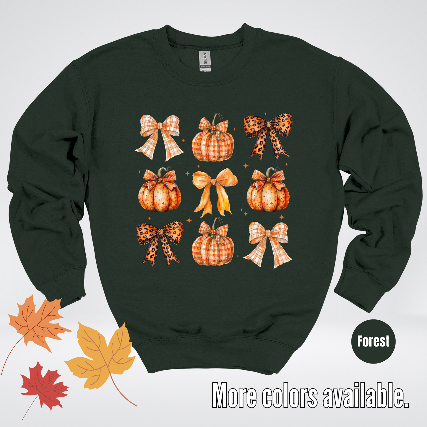 Fall Coquette Leopard Print and Flannel Bows And Pumpkins Crewneck Sweatshirt