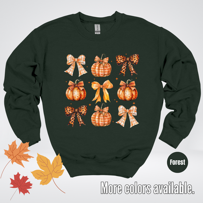 Fall Coquette Leopard Print and Flannel Bows And Pumpkins Crewneck Sweatshirt