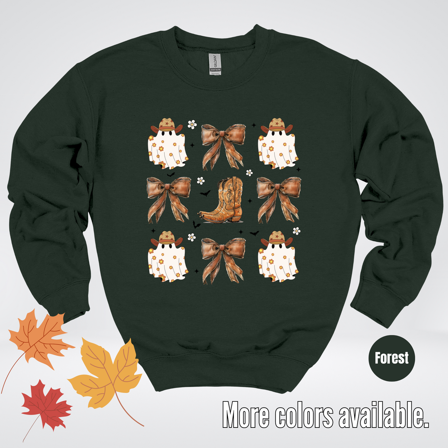 Western Coquette Leather Cowboy Boots And Fall Ghosts with Flowers and Bats Crewneck Sweatshirt