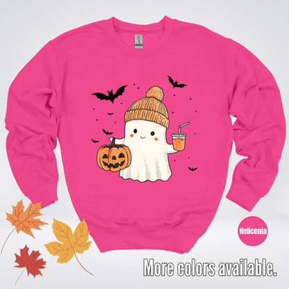 Cute Fall Ghost with Pumpkin And Bats Crewneck Sweatshirt