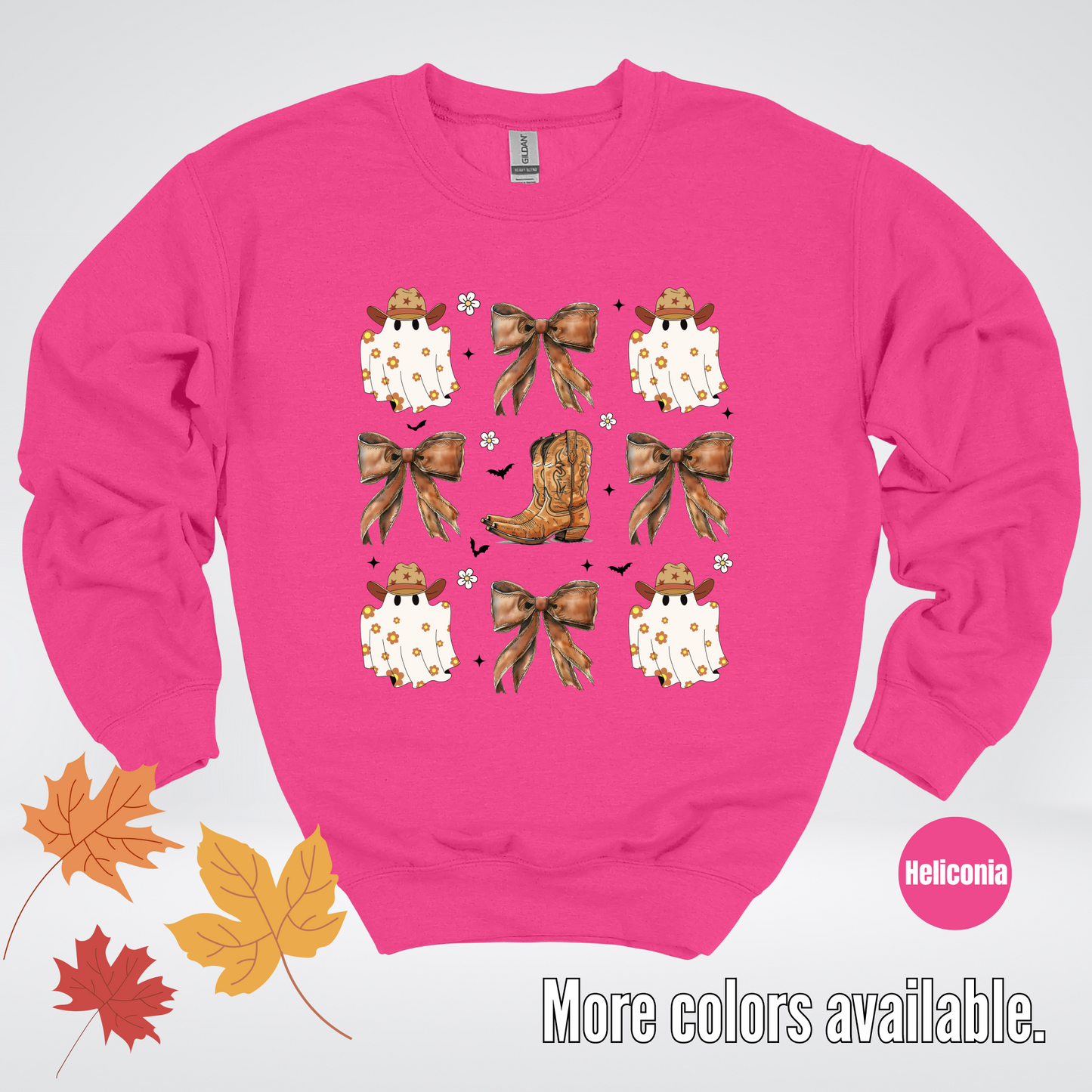 Western Coquette Leather Cowboy Boots And Fall Ghosts with Flowers and Bats Crewneck Sweatshirt